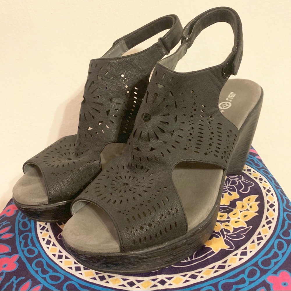 JBU platform black leather wedge sandals 9.5